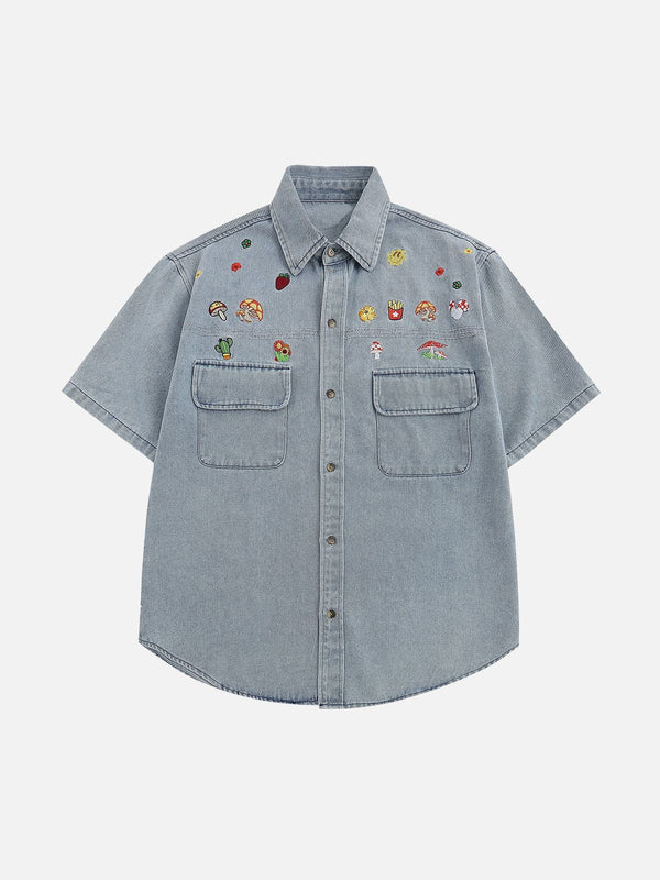 Clothes Hive - Cartoon Embroidery Denim Short Sleeve Shirts